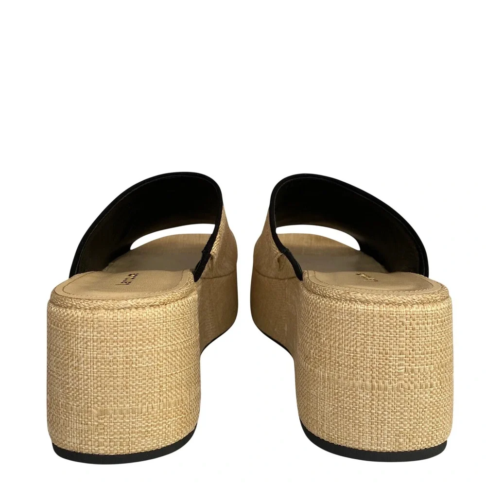 Larroude NEW Charli Mule Platform Natural Raffia Black Trim Gold Logo Womens 8.5